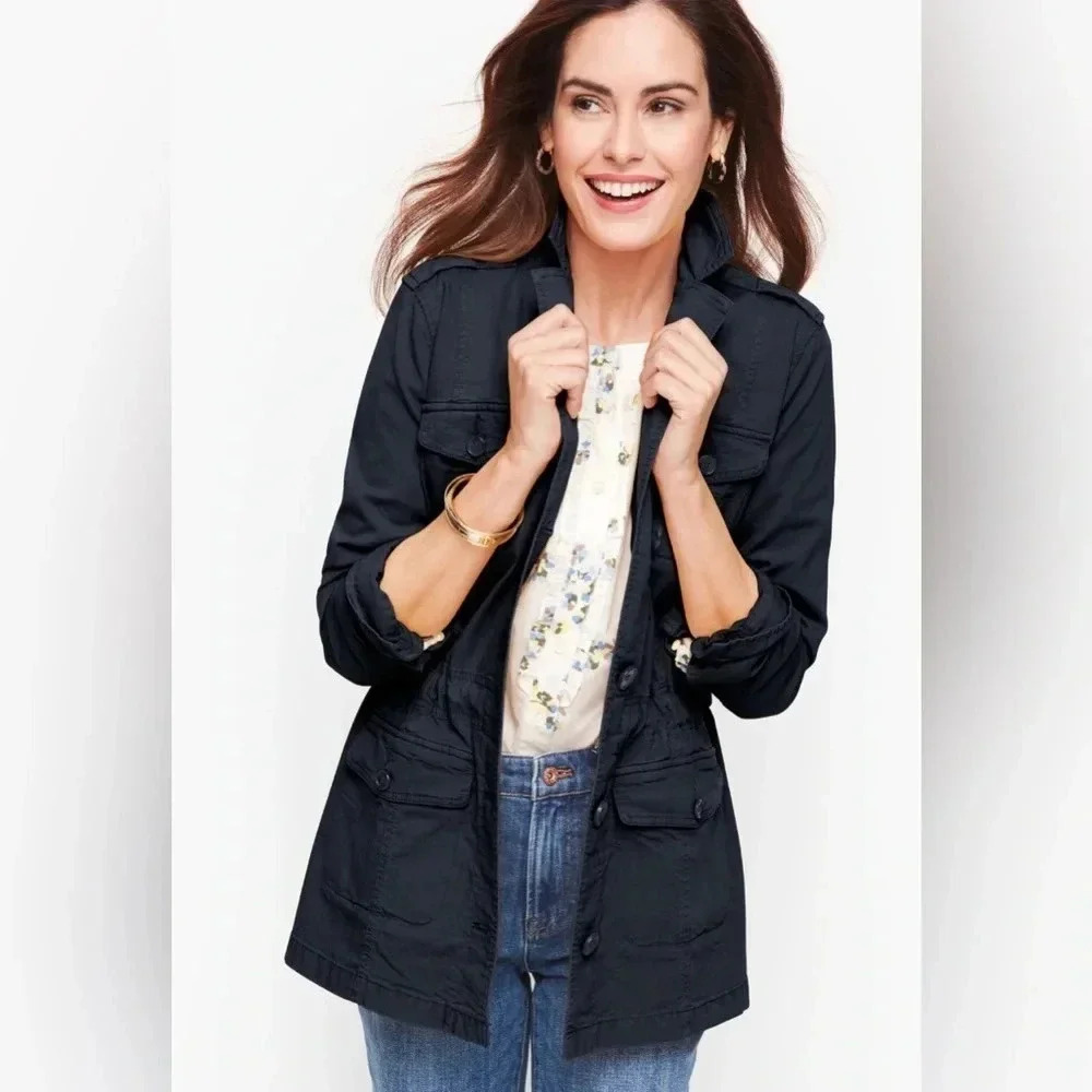 Talbots Navy Blue Military Field Jacket Utility Coat Stretch Cotton WMs Med NWOT